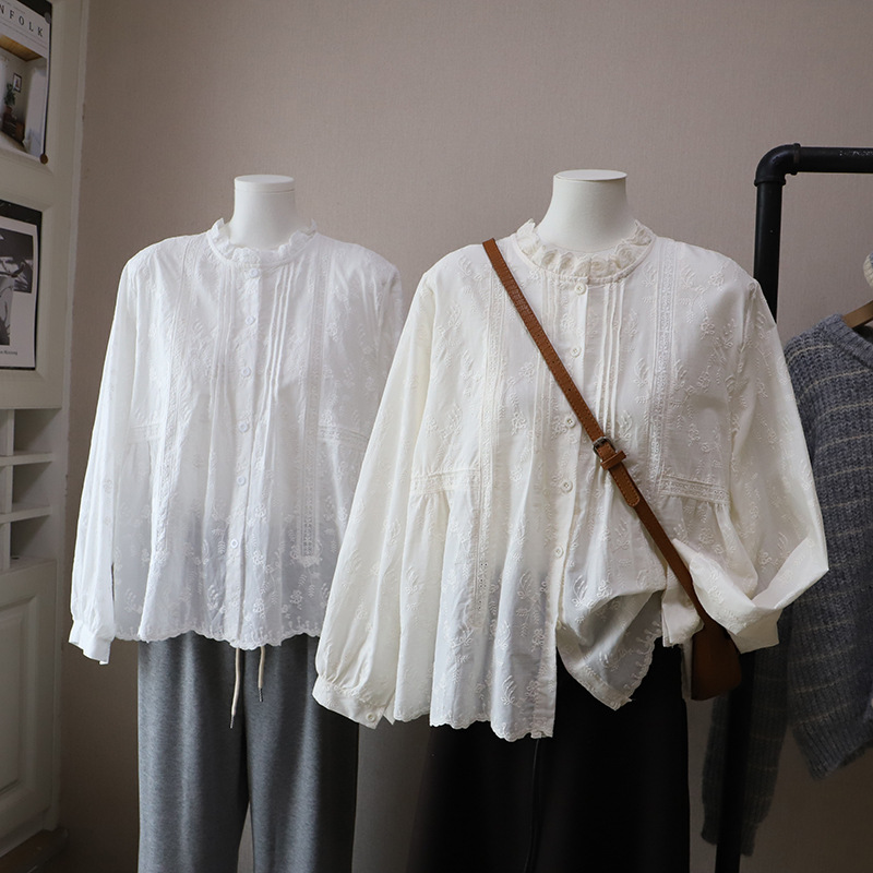 白ブラウス レース刺繍韓国風ブラウス長袖トップス2色