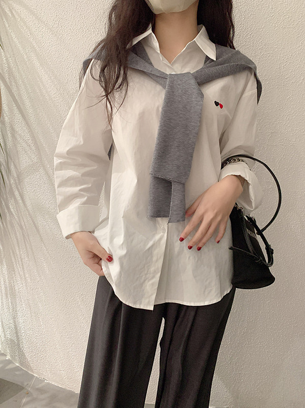 白ブラウス 長袖シャツ＋ショール風二点セット女性春秋トップス