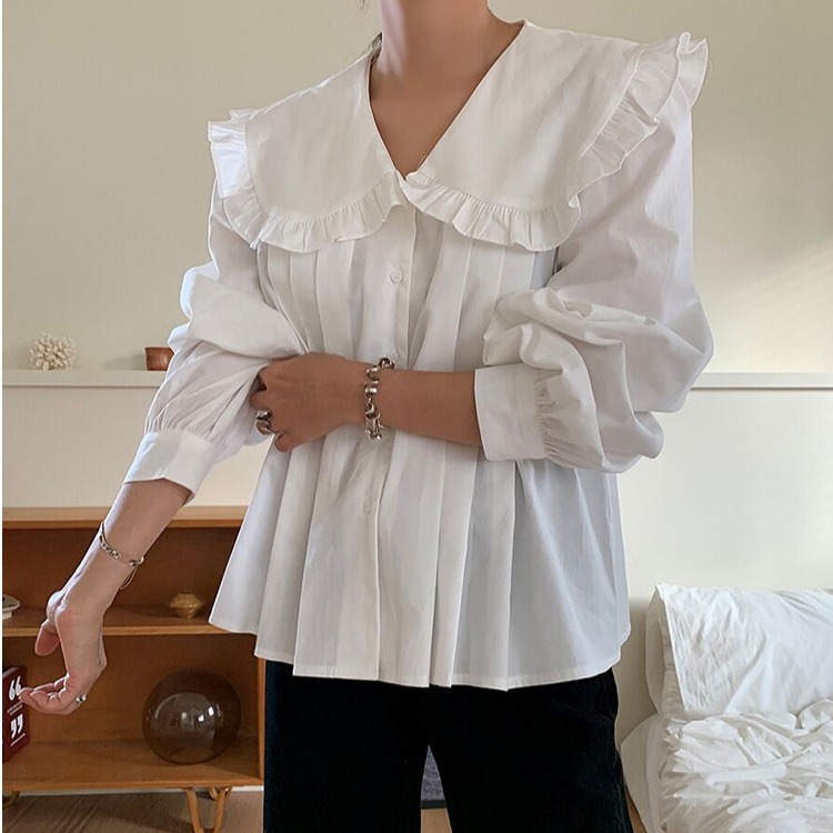 白ブラウス フリル襟シャツ 長袖ブラウス レディース 体型カバー 大人可愛い