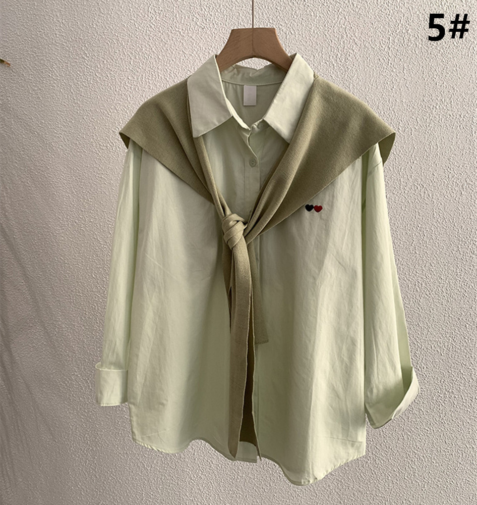 白ブラウス 長袖シャツ＋ショール風二点セット女性春秋トップス