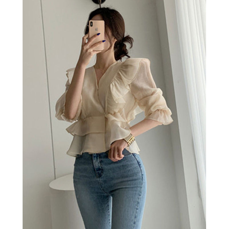 白ブラウス 春夏新作 シフォンブラウス フレア袖 透け感 レディース