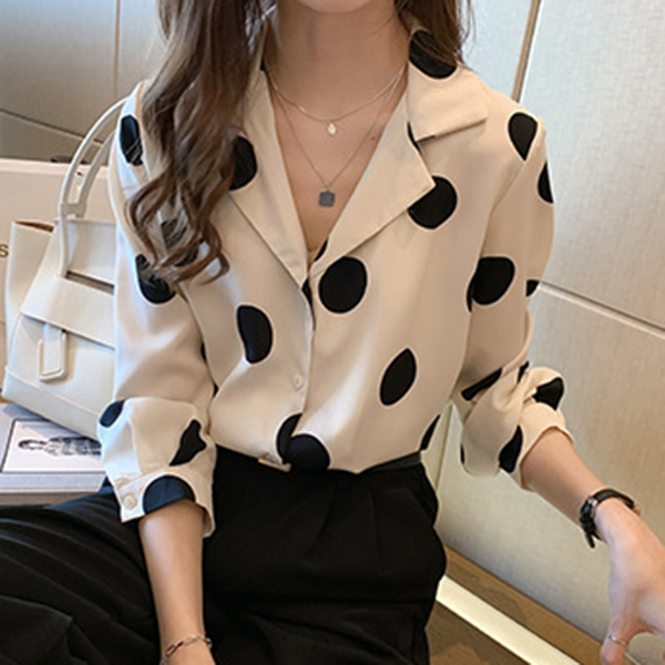 白ブラウス 大人ドット柄シフォンブラウス上品きれいめ長袖シャツ