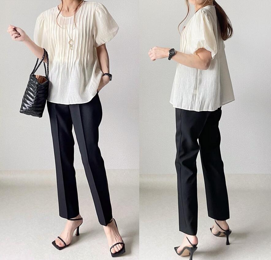 春夏新作 フリル パフスリーブ 体型カバー 白ブラウス レディース