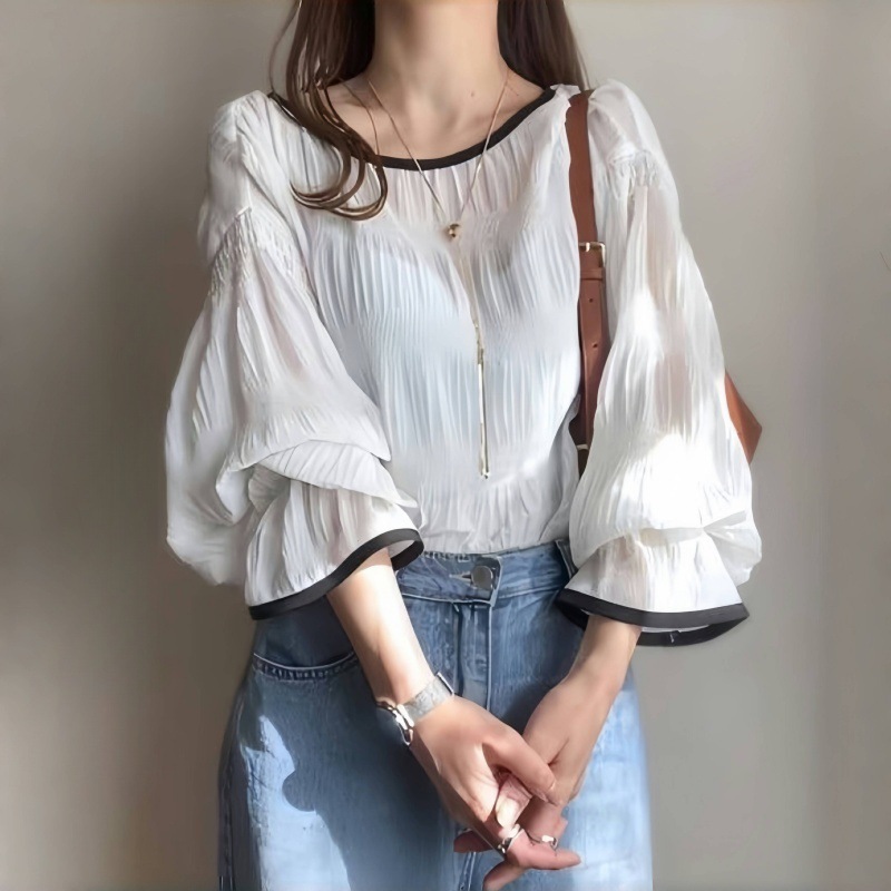 白ブラウス シフォン ブラウス レディース 長袖 フリル袖 3色展開