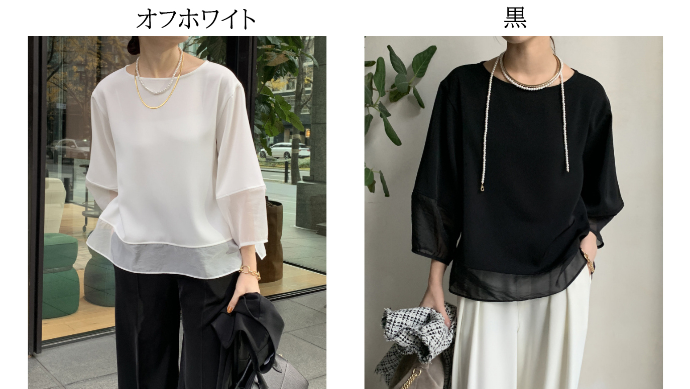 白ブラウス シフォン重ね着風半袖ブラウス裏地付き春夏薄手