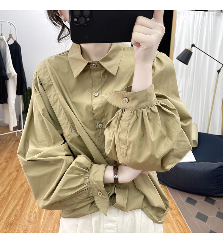 ゆったり長袖シャツ 袖ぷっくり白ブラウス レディース