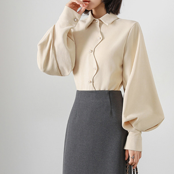 白ブラウス ぽわん袖長袖シャツ上品きれいめフォーマル