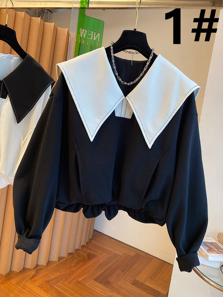 白ブラウス 長袖シャツ 大きめ襟 体型カバー 大人可愛い韓国風