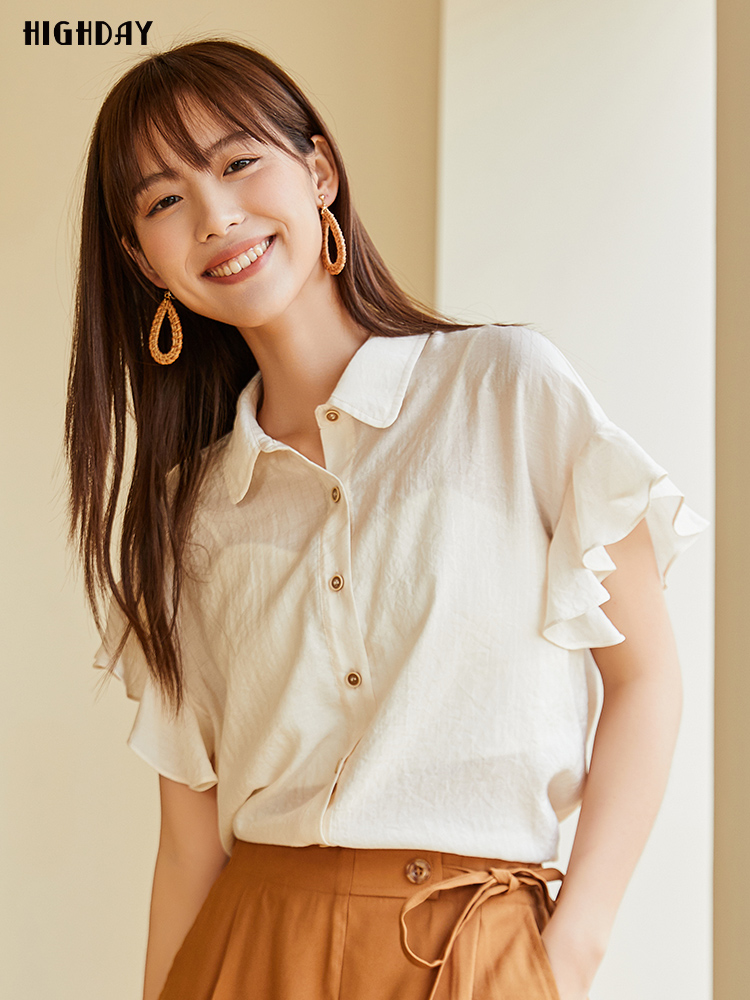 白ブラウス 優美な袖フリルラウンドカラーブラウス