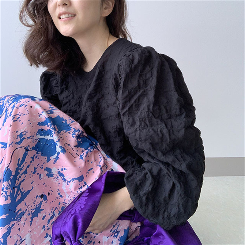 フリル白ブラウス パフスリーブ レディース 韓国風 上品