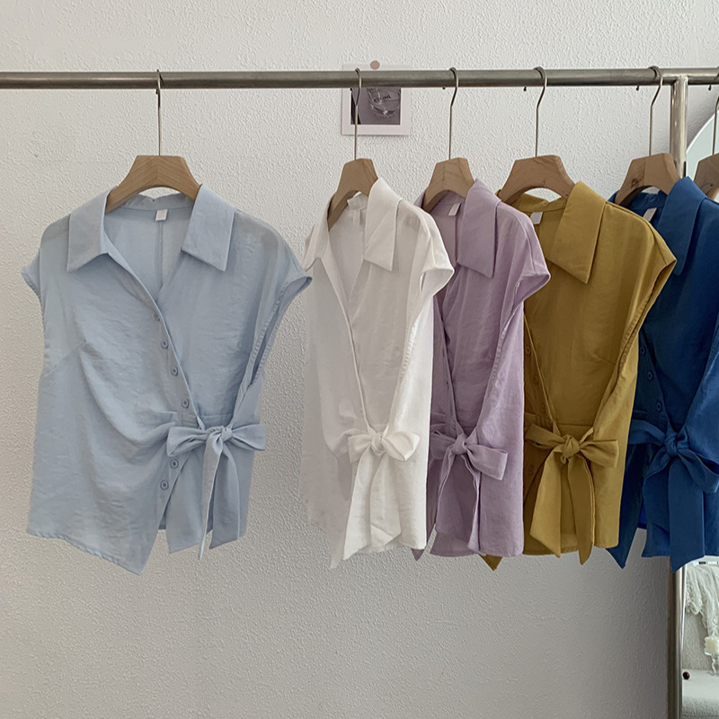 白ブラウス レディース半袖シャツ ウエストリボン付きおしゃれブラウス 5色展開