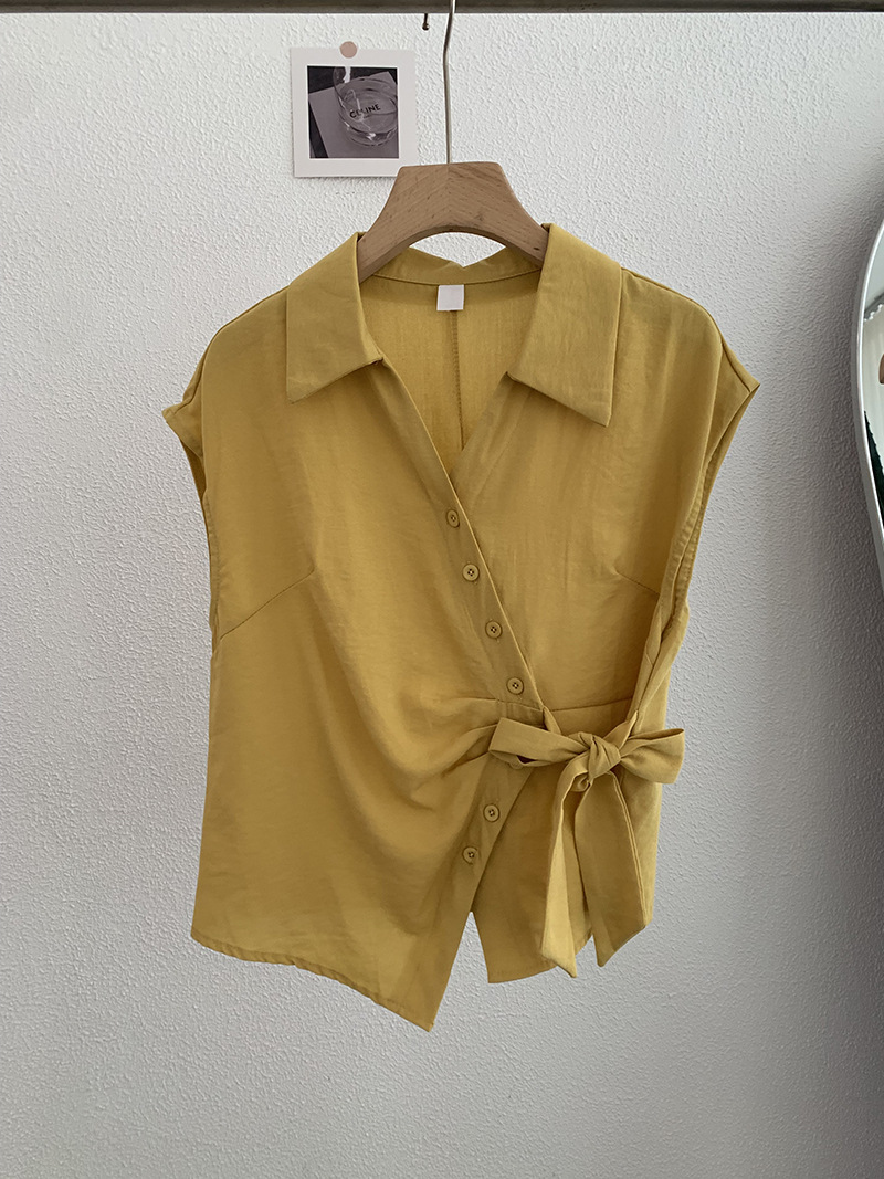 白ブラウス レディース半袖シャツ ウエストリボン付きおしゃれブラウス 5色展開