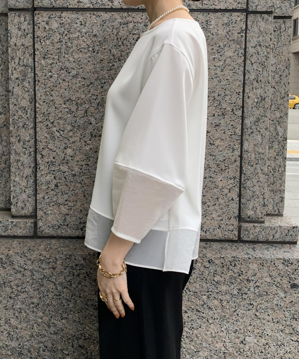 白ブラウス シフォン重ね着風半袖ブラウス裏地付き春夏薄手