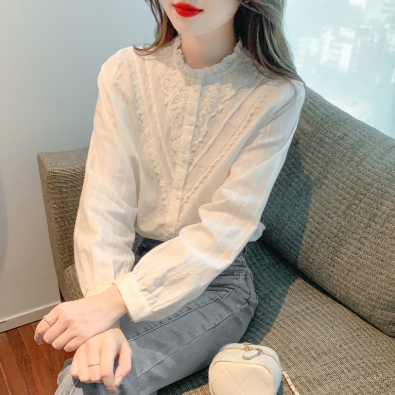 白ブラウス 花刺繍フリルスタンドカラーブラウス