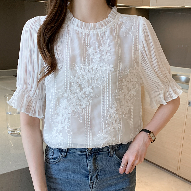 白ブラウス 花刺繍フリルネックレースブラウス