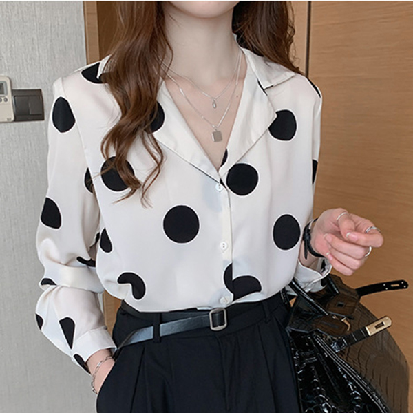 白ブラウス 大人ドット柄シフォンブラウス上品きれいめ長袖シャツ