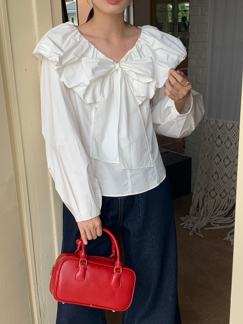 リボン付き長袖白ブラウス体型カバーレディース