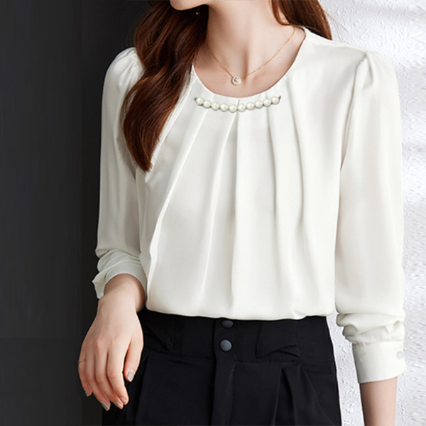 白ブラウス パール付きシフォンブラウス上品な卒業入学式用