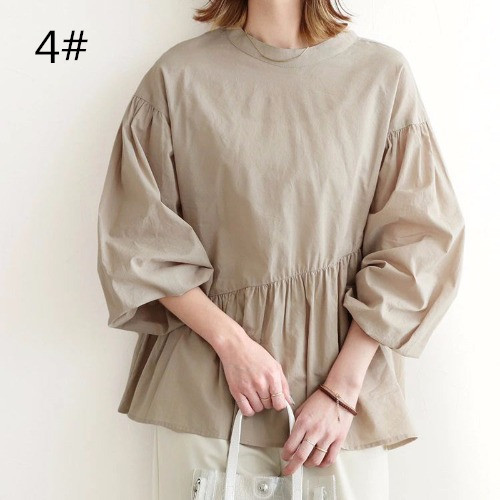 白ブラウス 人気パフスリーブチュニック ラウンドネック レディース