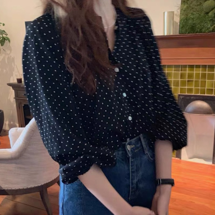 白ブラウス 上品ドット柄シフォンブラウス きれいめカジュアル長袖