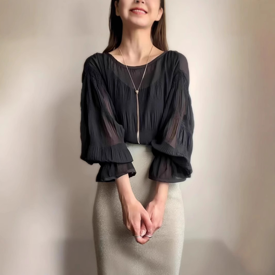 白ブラウス シフォン ブラウス レディース 長袖 フリル袖 3色展開