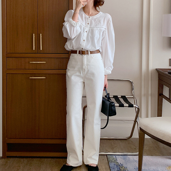 白ブラウス 白無地長袖綿混シャツ刺繍風装飾丸首