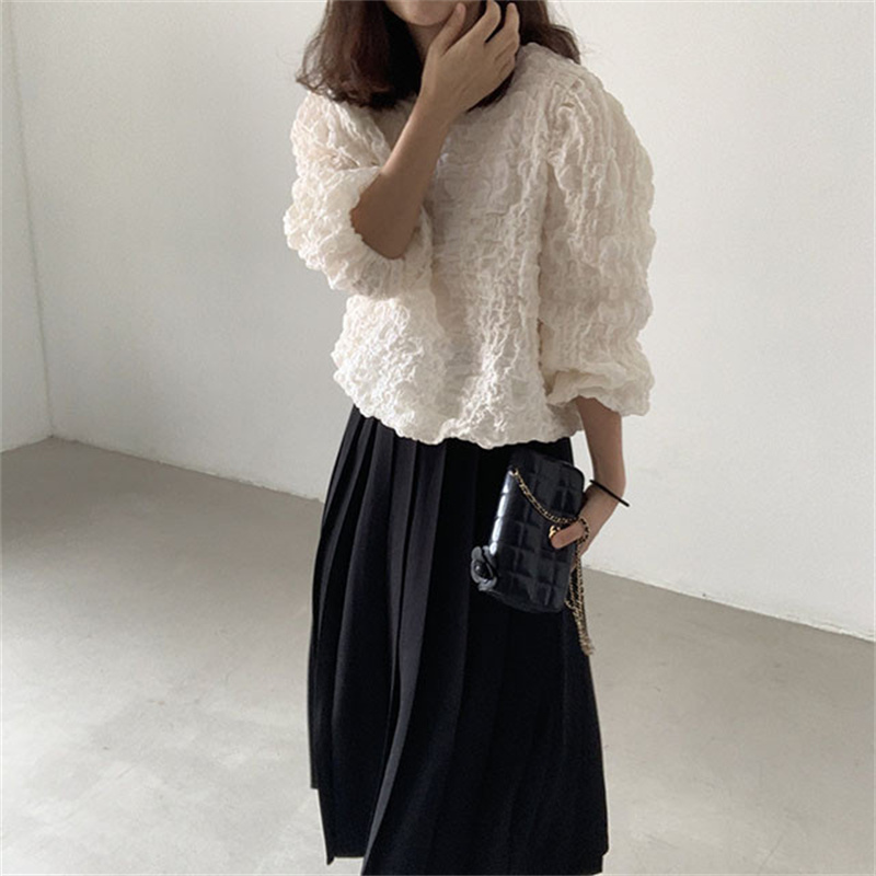 フリル白ブラウス パフスリーブ レディース 韓国風 上品