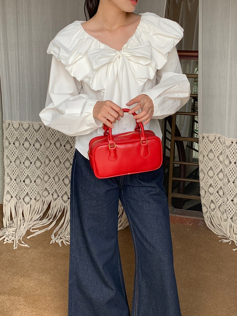 リボン付き長袖白ブラウス体型カバーレディース