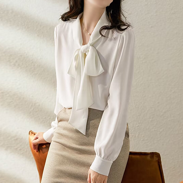 白ブラウス 上品ボウタイブラウス白黒長袖きれいめシャツ