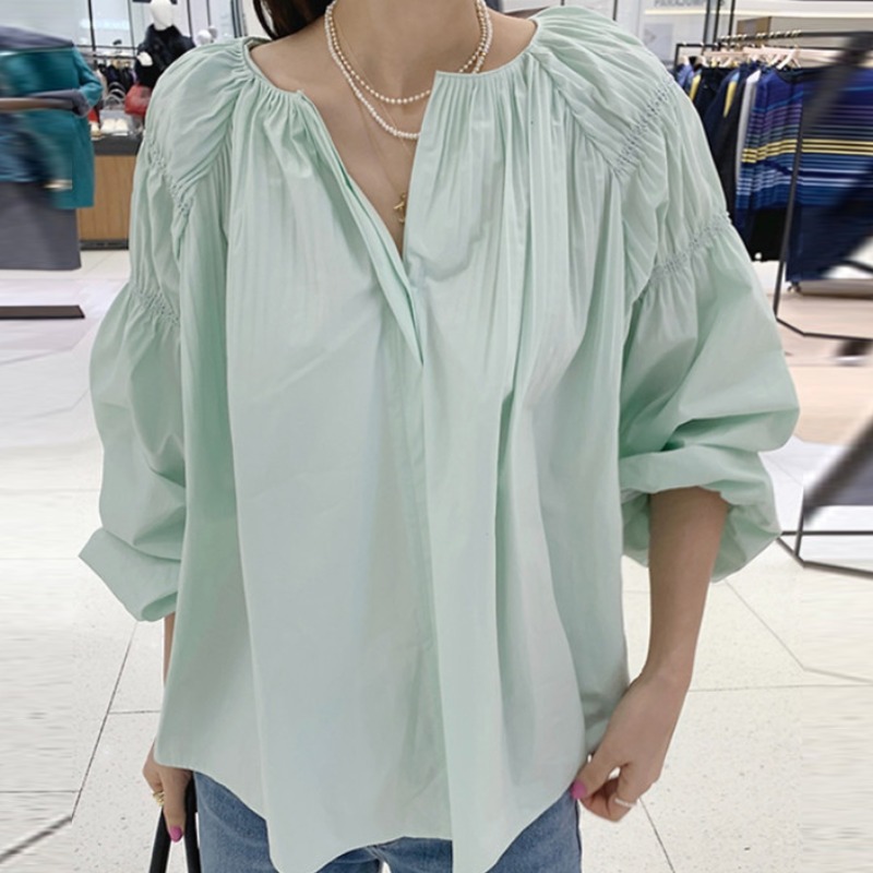 白ブラウス 春夏新作 白チュニック パフスリーブ 着痩せ 体型カバー 長袖