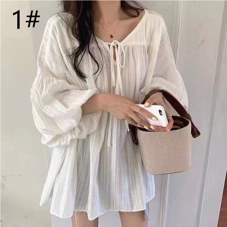 白ブラウス パフスリーブ白チュニック リボン付き着痩せブラウス