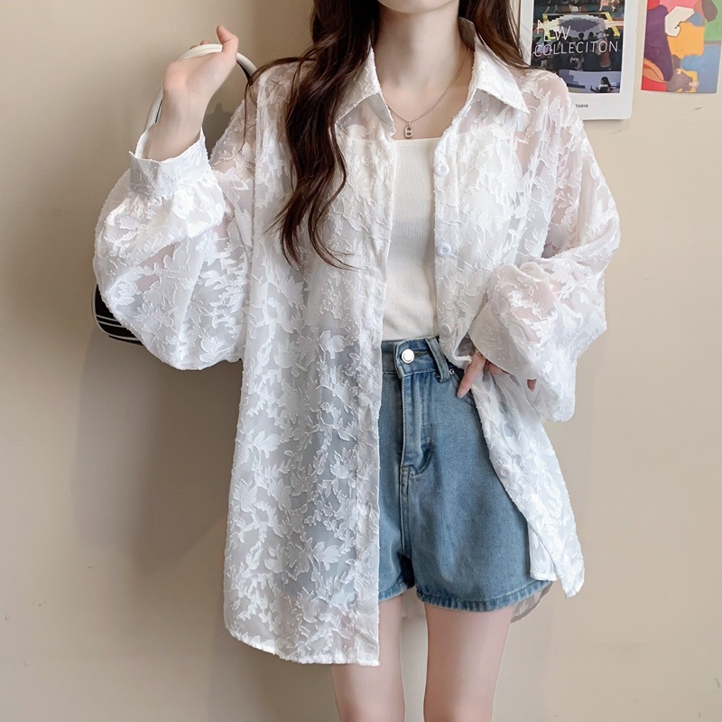 白ブラウス 花柄シアーレースシャツ