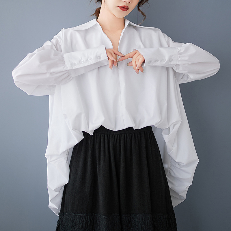 白ブラウス ゆったり袖口ボタン開襟ブラウス