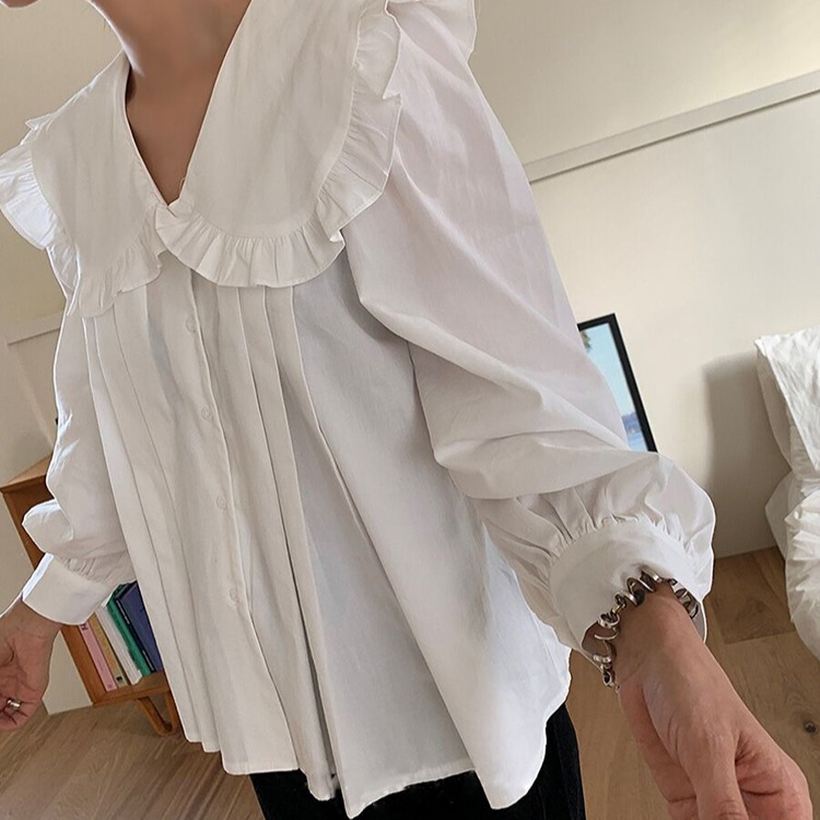 白ブラウス フリル襟シャツ 長袖ブラウス レディース 体型カバー 大人可愛い