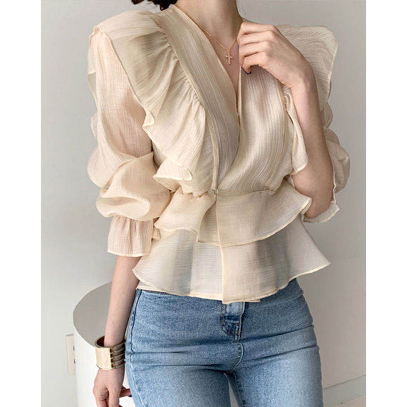 白ブラウス 春夏新作 シフォンブラウス フレア袖 透け感 レディース