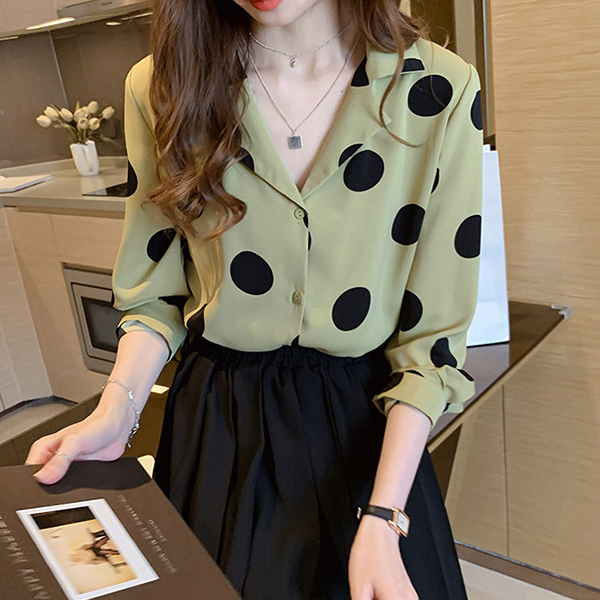 白ブラウス 大人ドット柄シフォンブラウス上品きれいめ長袖シャツ