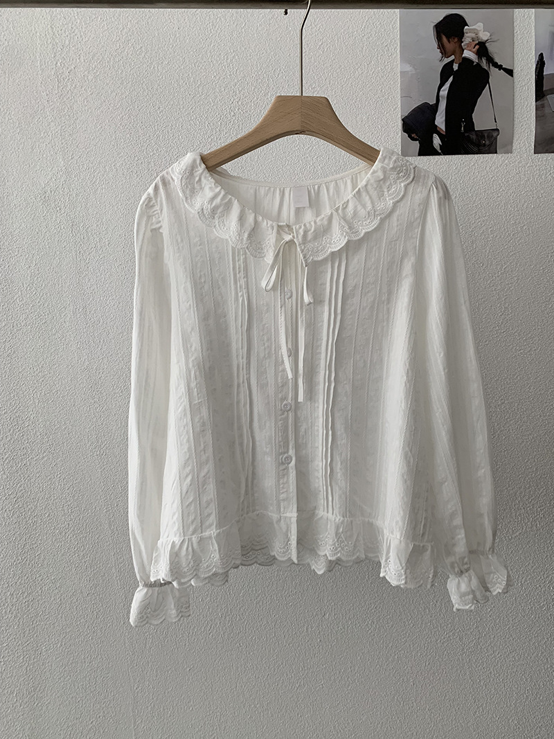 韓国風レース襟白ブラウス長袖トップス3色展開