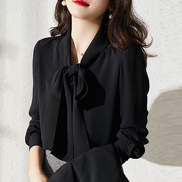 白ブラウス 上品ボウタイブラウス白黒長袖きれいめシャツ