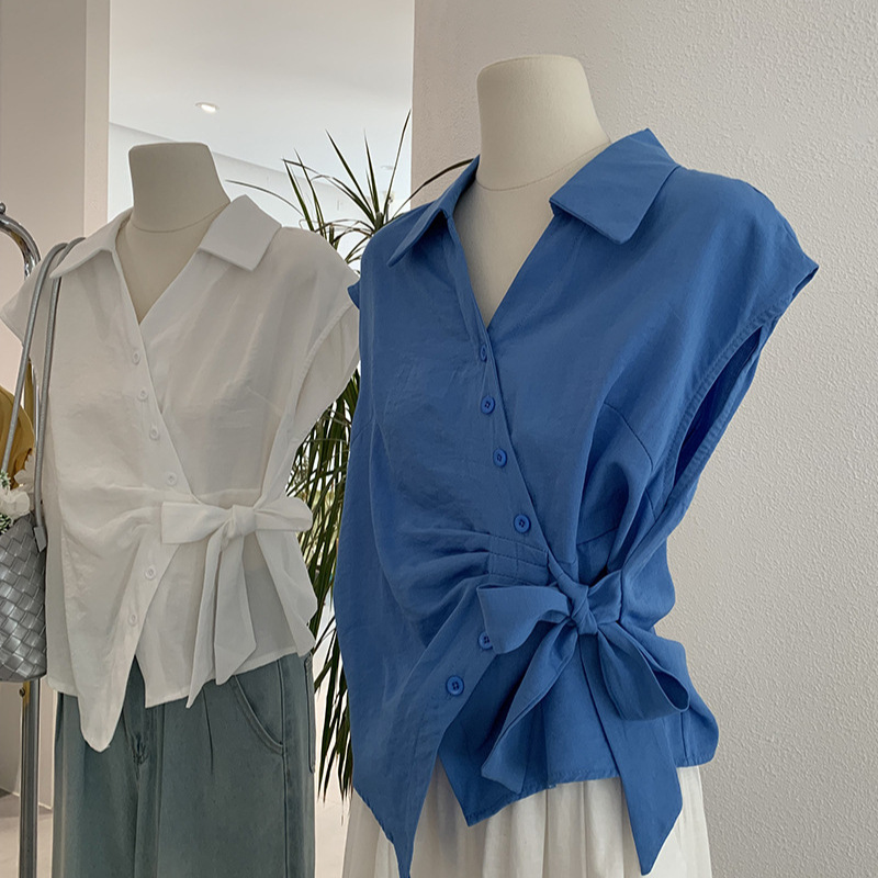 白ブラウス レディース半袖シャツ ウエストリボン付きおしゃれブラウス 5色展開