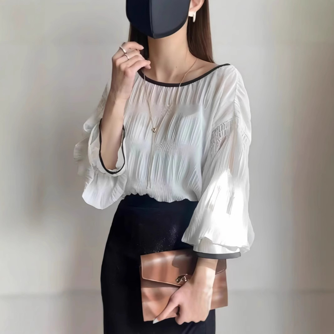 白ブラウス シフォン ブラウス レディース 長袖 フリル袖 3色展開
