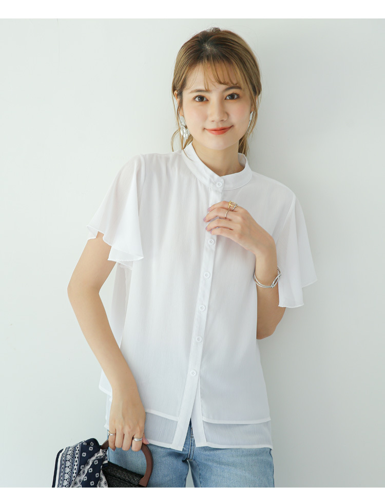 白ブラウス 優美フレア袖スタンドカラーブラウス