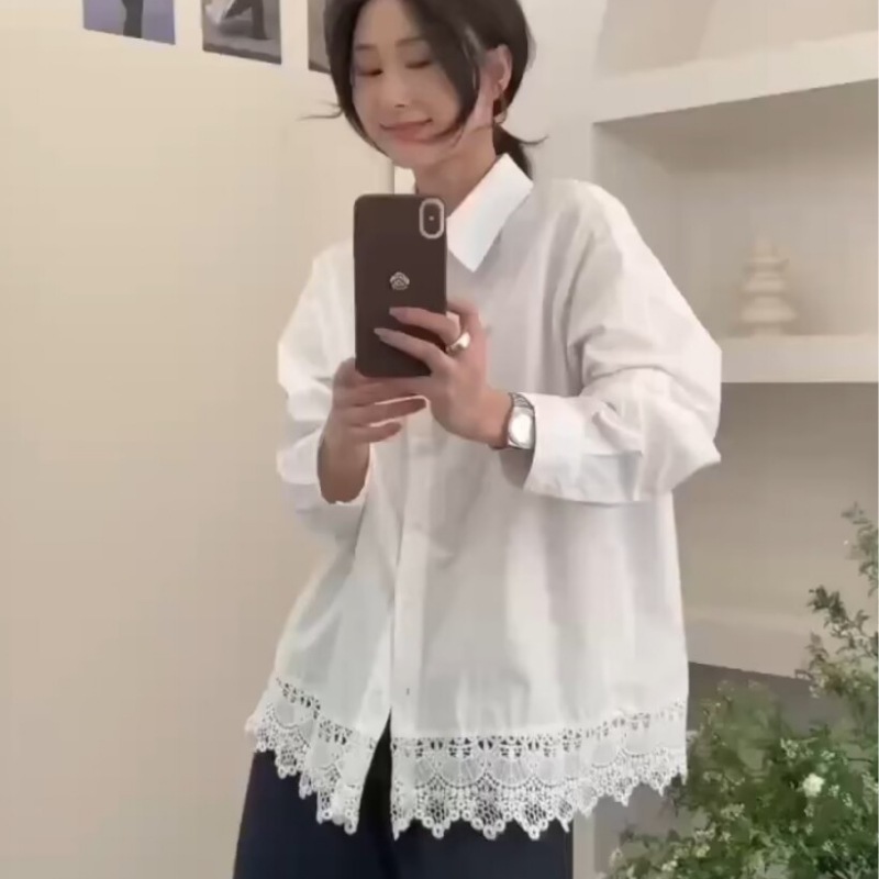 白ブラウス 裾レース飾りゆったりブラウス