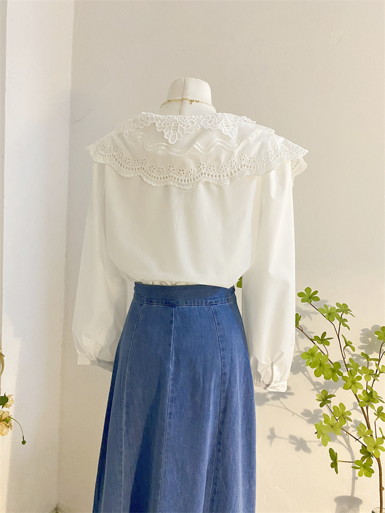 白ブラウス 花刺繍大きめ襟レースブラウス