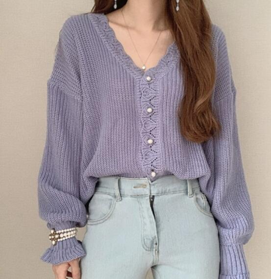 白ブラウス フリル編み込み長袖ニットセーター レディース秋冬