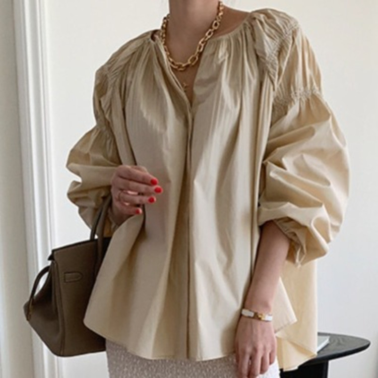 白ブラウス 春夏新作 白チュニック パフスリーブ 着痩せ 体型カバー 長袖