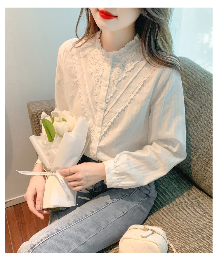 白ブラウス 花刺繍フリルスタンドカラーブラウス