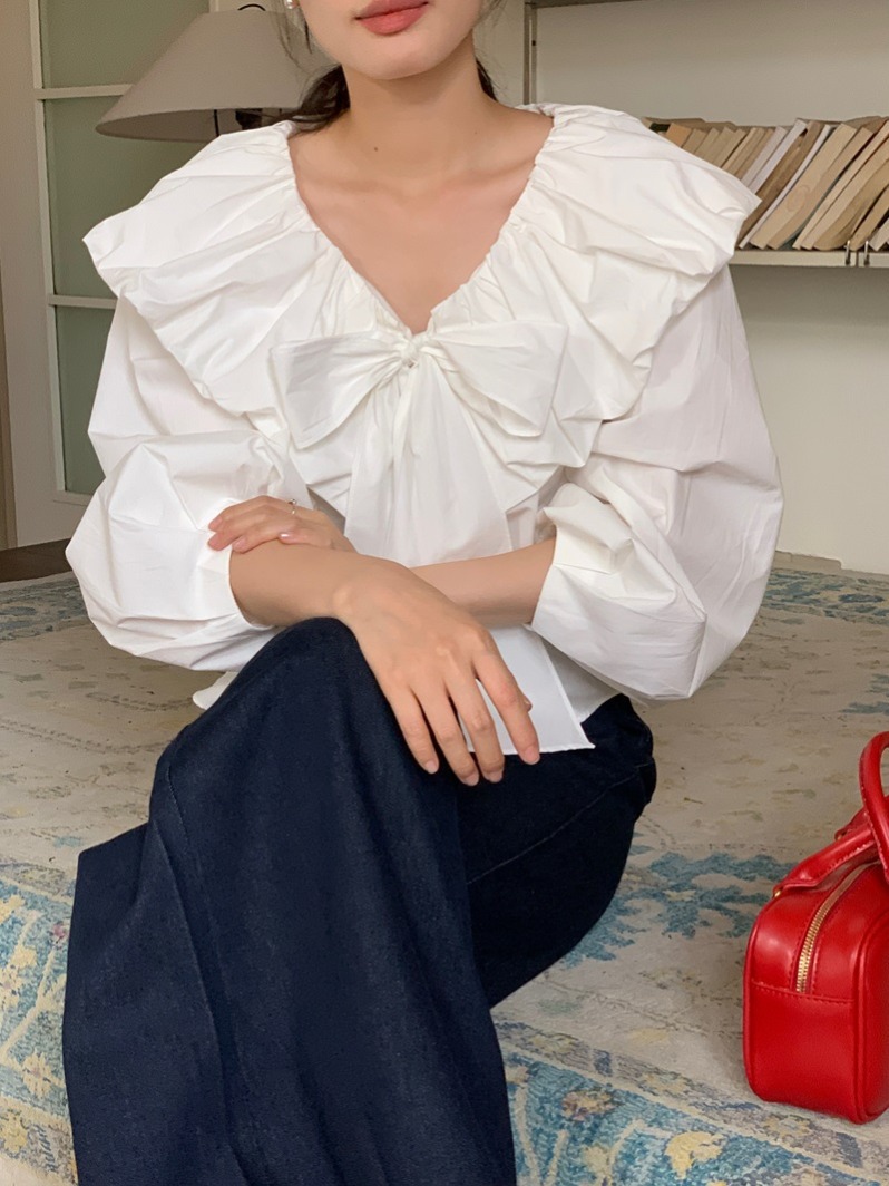 リボン付き長袖白ブラウス体型カバーレディース