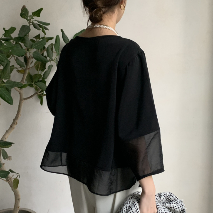 白ブラウス シフォン重ね着風半袖ブラウス裏地付き春夏薄手