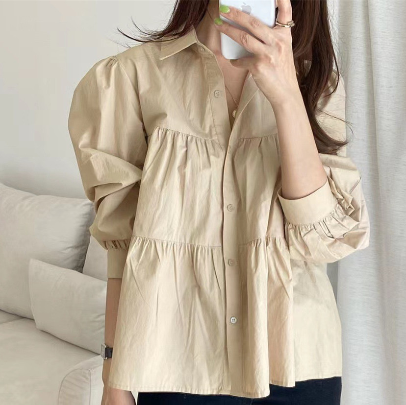 白ブラウス ティアード風ゆったりシャツ ふんわり袖の白ブラウス