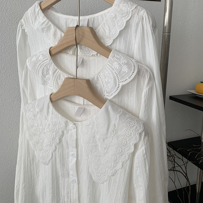 韓国風レース襟白ブラウス長袖トップス3色展開